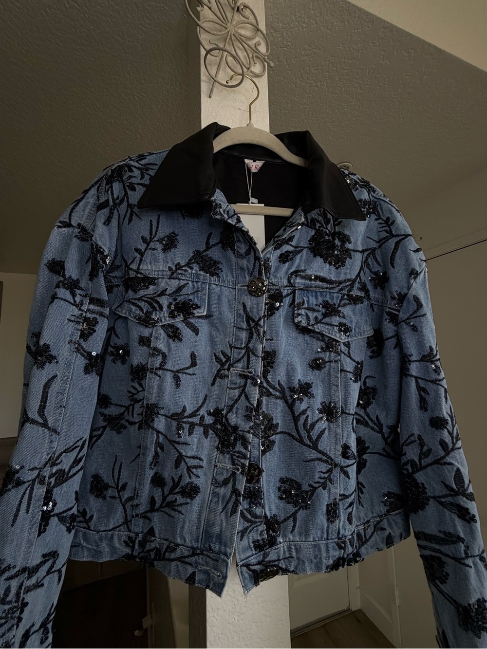 Sequined Floral Denim Jacket with Black Collar